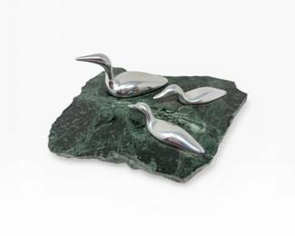 12 HoseltonAluminumLoonSculptureOnGreenStoneBaseMadeInCanada
