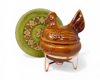 7 VintageCaliforniaPotteryHenWarmerwMCMGreenGlassPlatter