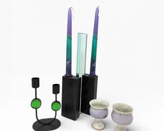 27 PostmodernCandleHolderSetIronGlassWoodwPotteryCups