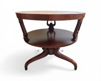 36 AntiqueRoundSideTablewLeatherInlayLyreBase