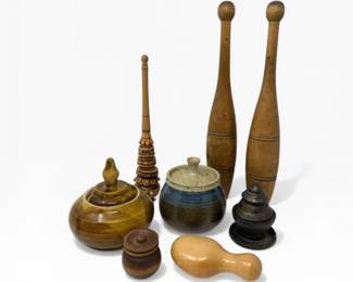 63 MixedWoodPotteryCollectionTurnedPiecesJarsJugglingPins