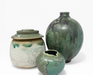 25 StudioPotteryVaseTrioGreenGlazeTwoSignedPieces