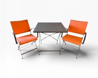 41 CollapsibleIronMetalBistroSetTable2ChairsOrangeSlingSeats