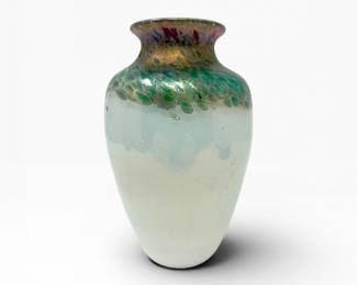 18 RobertHeldSignedWhiteIridescentBlownArtGlassVase