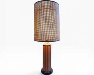 9 VintageMCMTableLampwCaneShadeStripedWoodBase