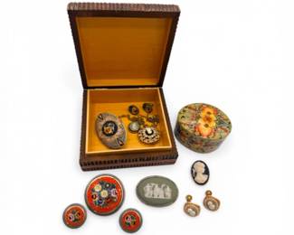 85 SterlingWedgwoodCameoBroochVintagePolishWoodBoxPinsMore