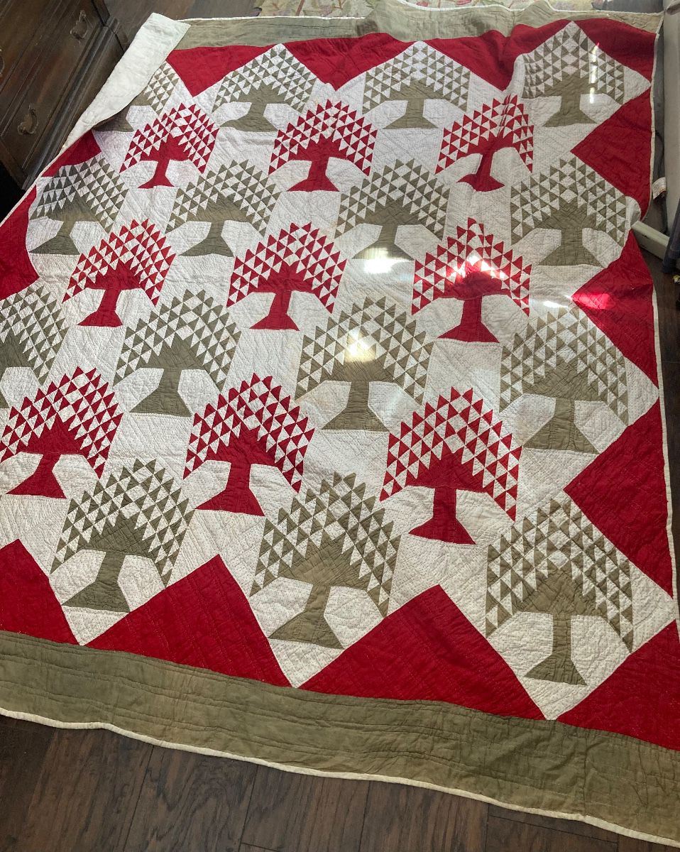 Primitive tree of life hand stitched quilt white places shown on photo are from sunlight coming through window 