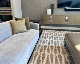 Restoration Hardware couch and floating cabinets, Crate and Barrel side table, Jaipur Living rug, Samsung 50" TV