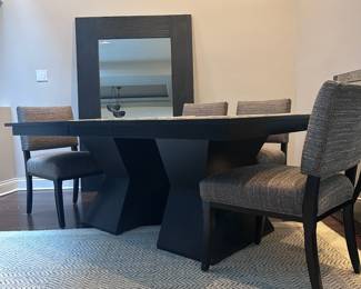Dining table, chairs, and mirror. All custom from Merchandise Mart. Flor tile rug.