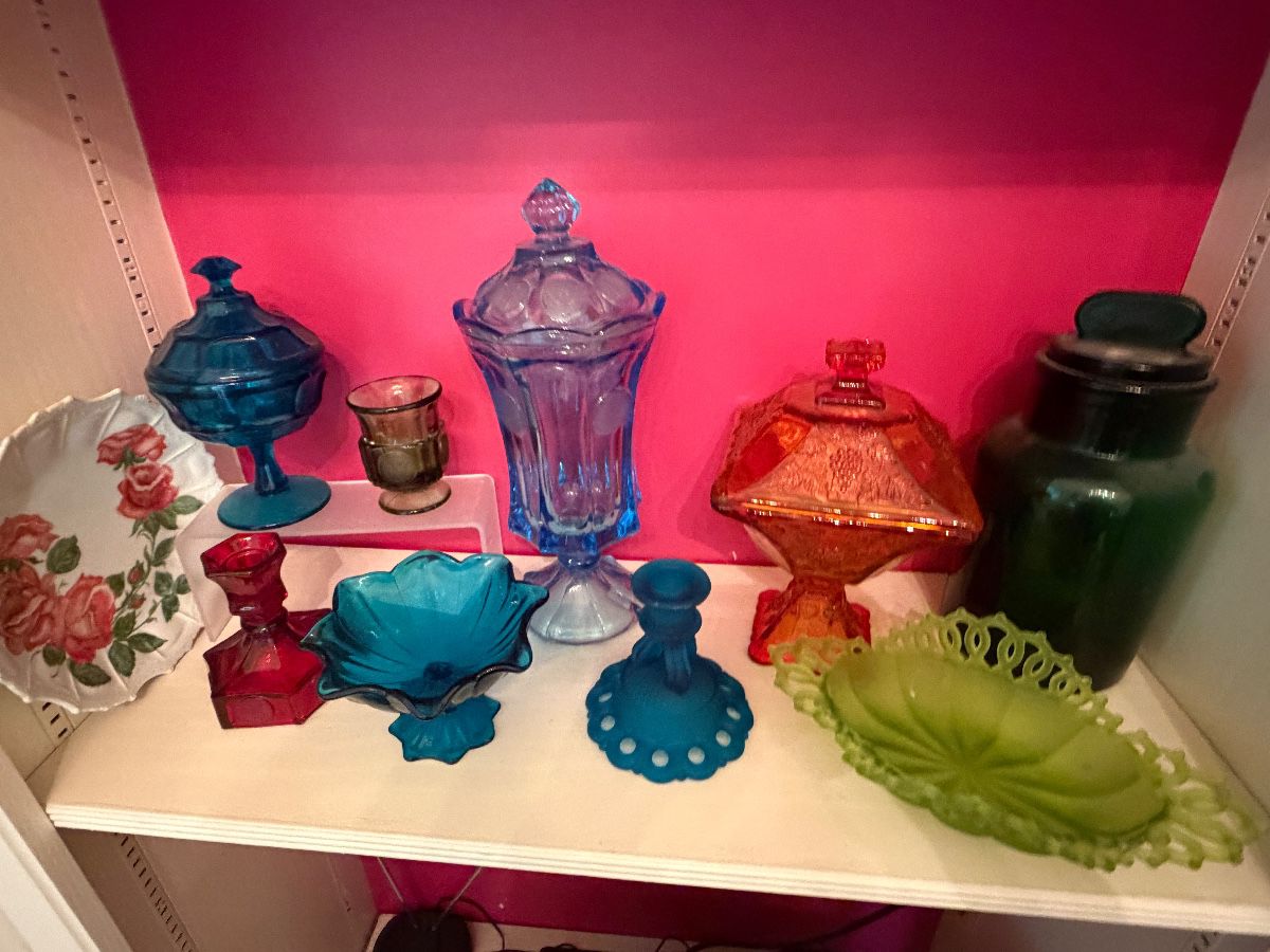 Fostoria Coin pattern glassware (uranium glass), Frosted Westmoreland Emerald Green bowl and Blue Satin candle holder, Jeannette Glass candy dish