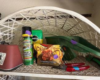 wasp spray, miracle grow fertilizer, fire ant killer, seed spreader
