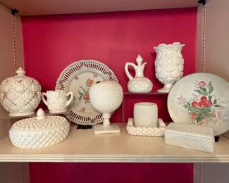 Westmoreland quilted pattern candy dish, Fenton Hobnail Milk Glass Lidded Jar, milk glass shelf all uranium