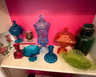 Fostoria Coin pattern glassware (uranium glass), Frosted Westmoreland Emerald Green bowl and Blue Satin candle holder, Jeannette Glass candy dish