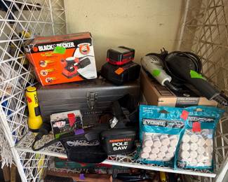 Black and Decker sander, tool box, electronic tools