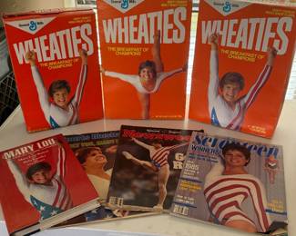 Mary Lou Retton magazines and Wheaties boxes