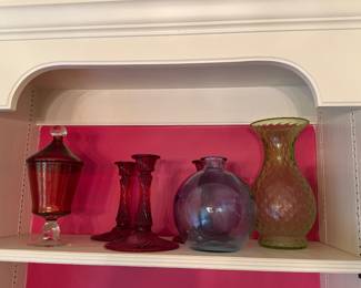 Various color glass vases and Amberina candle holders
