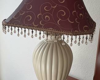 Pair of Fluted Ceramic Table Lamps with Burgundy Swirl Shades