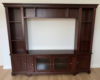 Dark Cherry Wood Entertainment Center with Shelving and Cabinetry by Ethan Allen