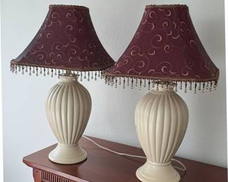 Pair of Fluted Ceramic Table Lamps with Burgundy Swirl Shades