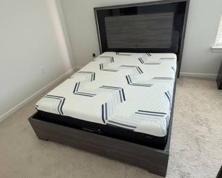 Modern Grey Wood Platform Bed Frame with Integrated Headboard and LED Lighting