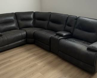 Dark Brown Leather Sectional Recliner Sofa with Console