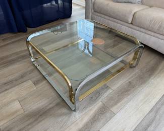 Mid-Century Modern Chrome, Brass and Glass Two-Tier Square Cocktail Table
