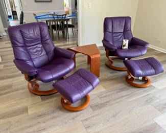 Ekornes Stressless purple leather chairs with ottomans