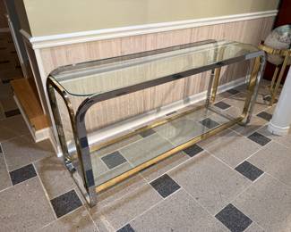 Mid-Century Modern Chrome, Brass and Glass Two-Tier Console Table