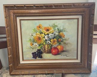 Floral Still Life Painting Signed 'V. B.' with Grapes, Apple, and Oranges