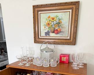 Floral Still Life Painting Signed 'V. B.' with Grapes, Apple, and Oranges