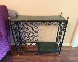 1950s French Hollywood Regency Gilt Iron and Green Marble Bar / Wine Rack