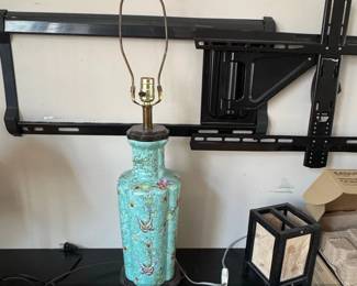 Vintage Celadon Glazed Porcelain Table Lamp with Floral and Bird Motif