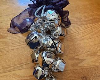 Silver Tone Jingle Bells with Purple Organza Ribbon
