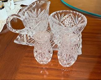 Crystal Creamer, Sugar Bowl, and Tray Set with Salt and Pepper Shakers  Cut Glass Fan and Diamond Pattern