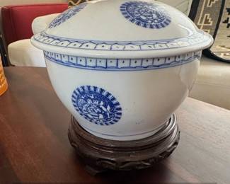 Vintage Blue and White Porcelain Rice Bowl with Lid and Stand