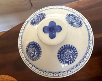 Vintage Blue and White Porcelain Lidded Bowl with Wooden Stand