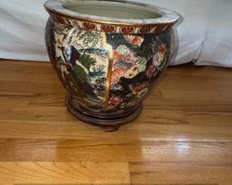 Vintage Royal Satsuma Style Porcelain Fishbowl Planter with Wooden Stand