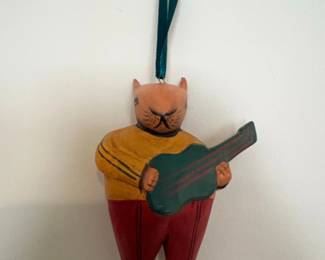 Wooden Cat Musician Ornament