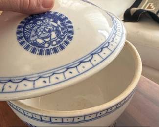 Vintage Blue and White Porcelain Rice Bowl with Lid and Stand second image