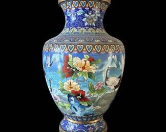 Vintage Chinese Cloisonn Vase with Cranes and Floral Motifs fifth image