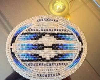 Native American Beaded Oval Pincushion or Small Pouch with Geometric Pattern