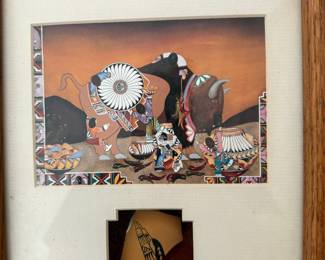 Native American Inspired Bison and Pottery Framed Art