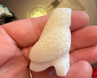 Carved Alabaster Owl Figurine with Blue Inlay Eyes second image