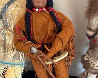 Vintage Native American Suede Doll with Headdress and Spear