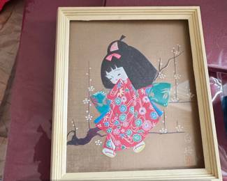 Vintage Oshie Art Japanese Girl with Flowers Framed Artwork