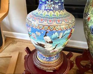 Vintage Chinese Cloisonn Vase with Cranes and Floral Motifs