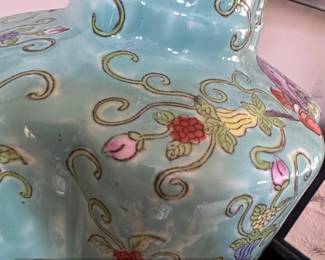Vintage Celadon Glazed Porcelain Table Lamp with Floral and Bird Motif second image