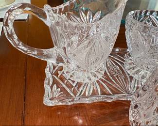 Crystal Creamer, Sugar Bowl, and Tray Set with Salt and Pepper Shakers  Cut Glass Fan and Diamond Pattern second image