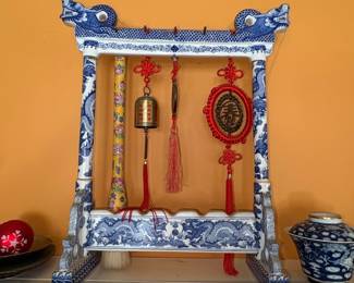 Blue and White Porcelain Dragon Motif Display Stand with Ornaments second image