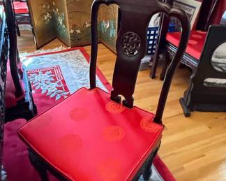 Chinese Rosewood tables and eight chairs Red Silk Cushion second image